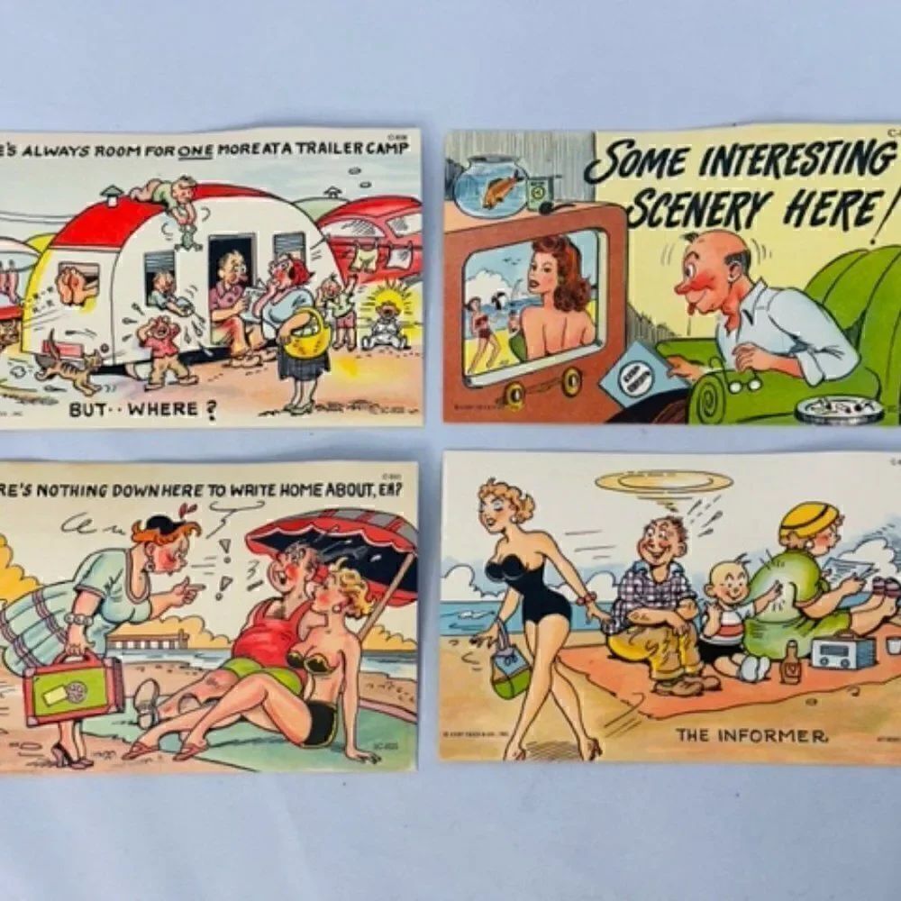 4 Vintage Comedy Postcard   The Informer Trailer Camp Home LINEN UNPOSTED TEICH